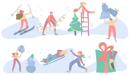 Different outdoor winter activities of young people. Family Outdoor Activity christmas Fun Set. Christmas tree, shopping, making a snowman