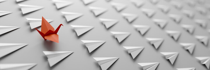 An origami bird between infinite planes all alike; leadership concepts, 3d rendering - obrazy, fototapety, plakaty