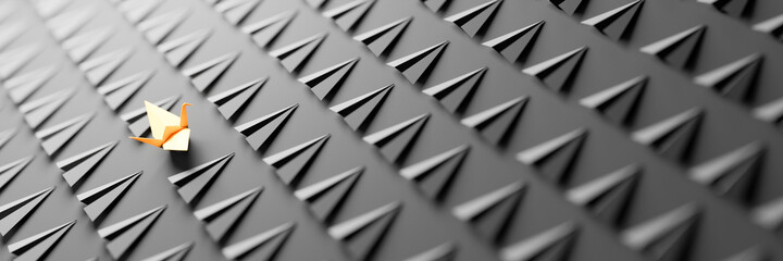 An origami bird between infinite planes all alike; leadership concepts, 3d rendering