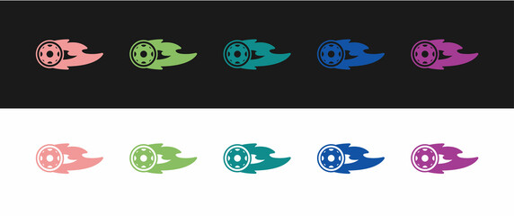 Set Wheel in fire flame icon isolated on black and white background. Burning wheel. Vector