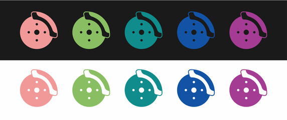 Naklejka premium Set Car brake disk with caliper icon isolated on black and white background. Vector