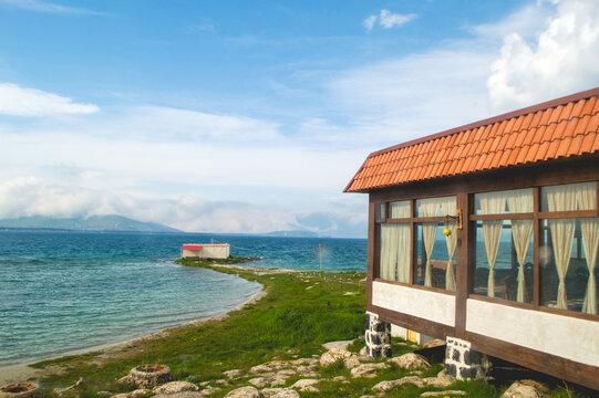 Beautiful shot of a house at the Lake Sevan in Noratus village, Armenia