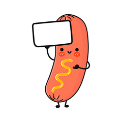 Cute funny mustard sausage with poster. Vector hand drawn cartoon kawaii character illustration icon. Isolated on blue background. Mustard sausage think concept