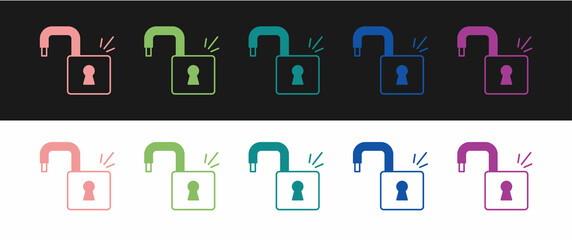 Set Open padlock icon isolated on black and white background. Opened lock sign. Cyber security concept. Digital data protection. Vector