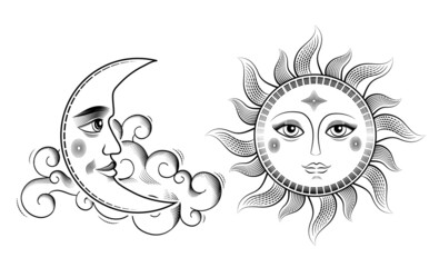 Sun and moon mystical elements in boho style, sun, cloud and crescent moon with face. Hand drawn engraving linear astrological vector