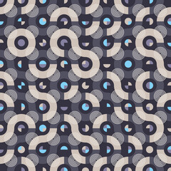 Elegant Truchet seamless vector pattern. Geometric background with random tiled wavy shapes and concentric circles. Modern illustration for prints, home decor, fashion fabric and carpet design.