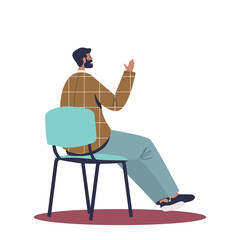 Man raising hand while listening to development training courses or lecture sit on chair, back view