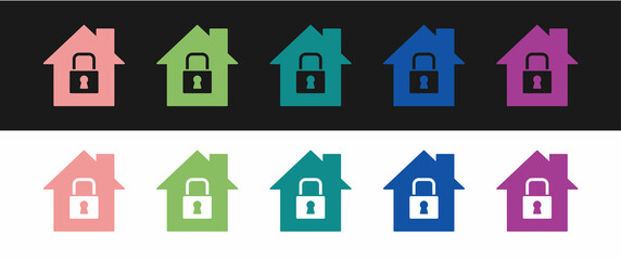 Set House under protection icon isolated on black and white background. Home and lock. Protection, safety, security, protect, defense concept. Vector