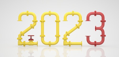 New Year 2023 from yellow pipes and red taps on a white background. 3D render.