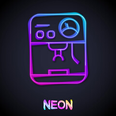 Glowing neon line Coffee machine icon isolated on black background. Vector