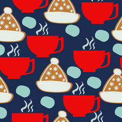 Gingerbread hat seamless pattern, Christmas gingerbread and red cups on dark blue background