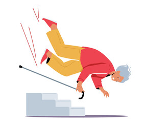Senior Female Character with Walking Cane Slip on Stairs Falling Down on the Ground, Old Woman Clumsiness, Injury