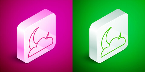 Isometric line Moon and stars icon isolated on pink and green background. Cloudy night sign. Sleep dreams symbol. Full moon. Night or bed time sign. Silver square button. Vector