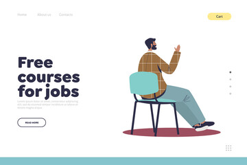 Free courses for jobs concept of landing page with man raising hand listen to development training