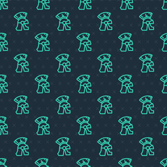 Green line Roman army helmet icon isolated seamless pattern on blue background. Vector