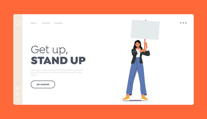 Woman with Protest Banner Landing Page Template. Female Character Fighting for Human Rights, Protesting Against War