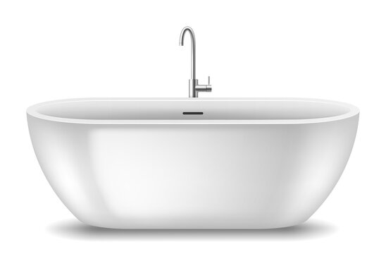 Realistic detailed modern white bath with faucet element of bathroom. Stylish acrylic bathtub