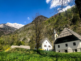 Fototapeta na wymiar Bovec village in Triglav National Park, Slovenia