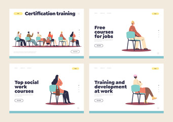 Courses for job certification and training at work landing pages set with people listen to lecture