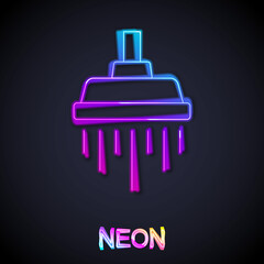 Fototapeta premium Glowing neon line Shower head with water drops flowing icon isolated on black background. Vector