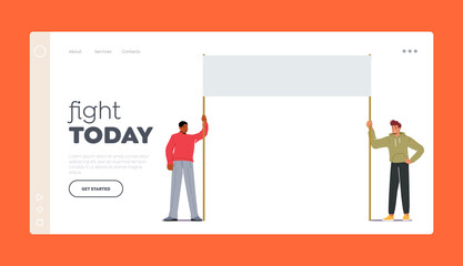 Activist Characters with Banner Landing Page Template. Protesting People with Placard or Signboard on Revolution Strike