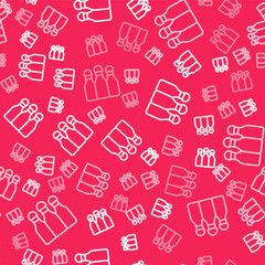 White line Bowling pin icon isolated seamless pattern on red background. Vector