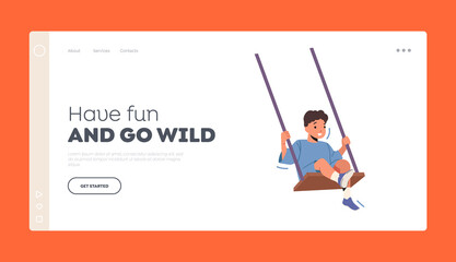 Happy Boy Swing Landing Page Template. Little Child Male Character Sitting on Rope Teeterboard Enjoying Recreation, Fun