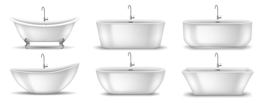 Set of realistic white bathtubs elements from bathroom interior with faucet. Modern ceramic tubs