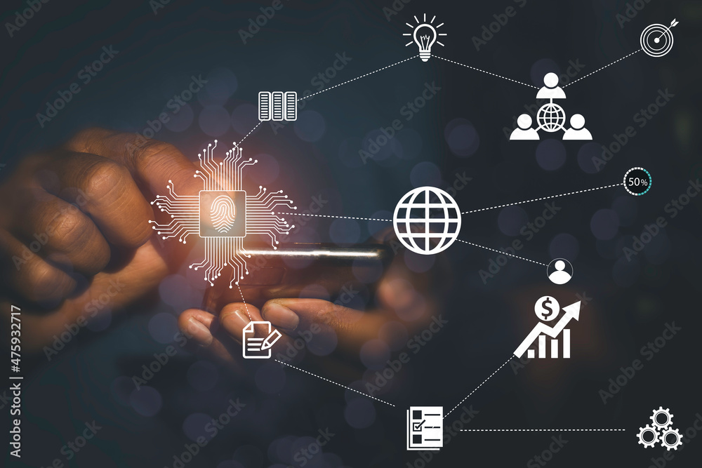 Wall mural hand use mobile phone and circle network communication technology for global.data in the global comp