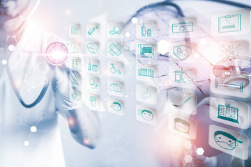 Double exposure Medicine doctor and health care.Health care icon with medical network connection. study,vaccine, rising growth.COVID-19. Photo Medical and technology concept.