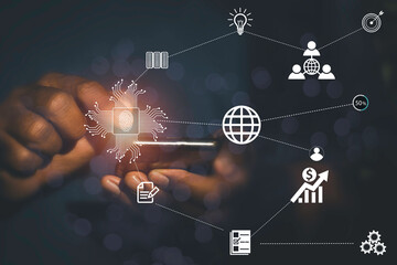 Hand use mobile phone and circle network communication technology for global.Data in the global computer social.telecommunication,earth cryptocurrency.