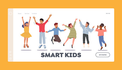 Smart Kids Landing Page Template. Happy Toddlers Stand in Row Dancing and Jumping. Little Children Rejoice on Vacation