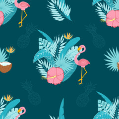 Tropical vector seamless pattern on a dark background. Composition of palm leaves, cute flamingos, pineapple. Flamingo Fabric Print and Wallpaper Print