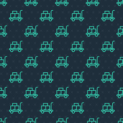 Naklejka premium Green line Trolley suitcase icon isolated seamless pattern on blue background. Traveling baggage sign. Travel luggage icon. Vector