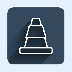 White line Traffic cone icon isolated with long shadow background. Blue square button. Vector
