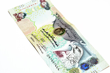 Obverse side of 500 AED five hundred Dirhams banknote of United Arab Emirates money bill, currency...