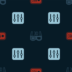 Set Record button, 3D cinema glasses and Sound mixer controller on seamless pattern. Vector