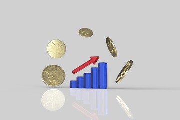 右肩上がりの棒グラフと日本円の金貨 Good performance concept. Bar graph and arrow.