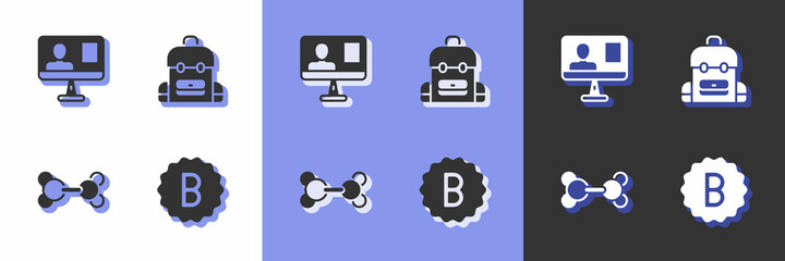 Fototapeta premium Set Exam paper with incorrect answers, Online class, Molecule and School backpack icon. Vector