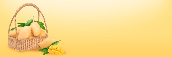 Delicious Mango fruit banner, Fresh mango with leaf in basket on yellow background With clipping path