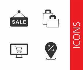 Set Location with percent, Hanging sign text Sale, Shopping cart monitor and Paper shopping bag icon. Vector