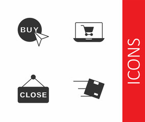 Set Location with cardboard box, Buy button, Hanging sign text Closed and Shopping cart screen laptop icon. Vector