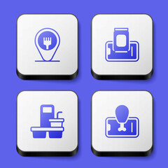 Set Cafe and restaurant location, Food ordering mobile, Coffee cup to go and icon. White square button. Vector