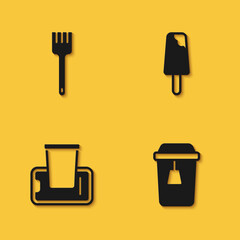 Set Fork, Cup of tea, Food ordering on mobile and Ice cream icon with long shadow. Vector