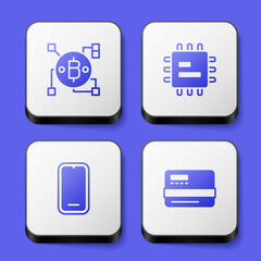 Set Blockchain technology Bitcoin, Processor CPU, Mobile phone and Credit card icon. White square button. Vector