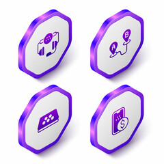 Set Isometric Taxi call telephone service, Route location, car roof and Mobile banking icon. Purple hexagon button. Vector