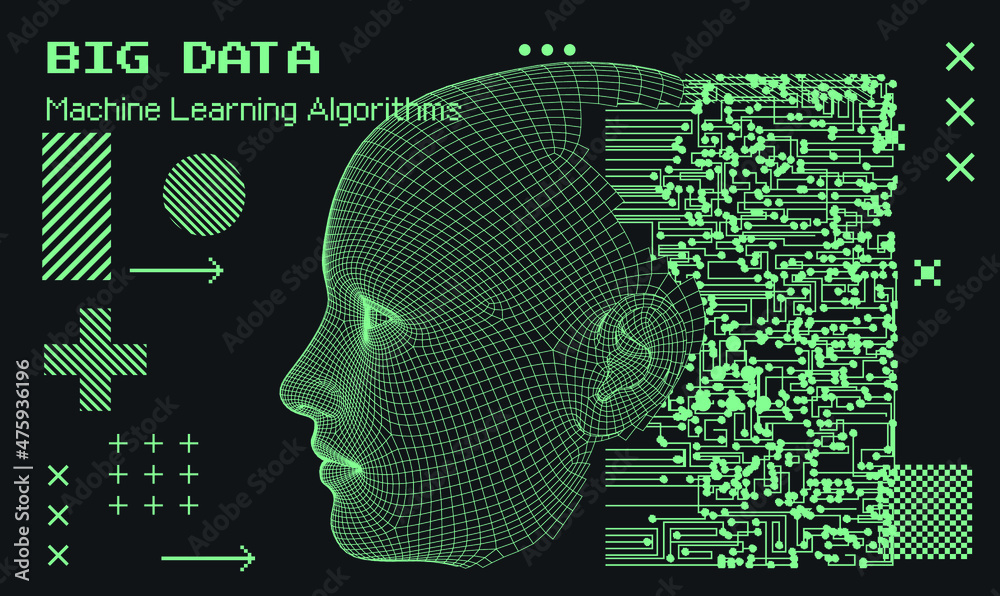 Aufkleber 3D low poly wireframe model of a human head made of triangular particles. Conceptual illustration of Artificial intelligence and Neural Network.