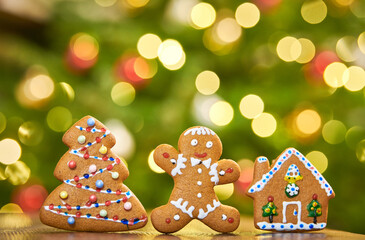 Christmas baked traditional gingerbread cookies. Decorated house