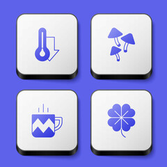 Set Thermometer, Mushroom, Cup of tea and Four leaf clover icon. White square button. Vector