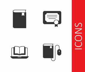 Set Electronic book with mouse, Book, Online class and Certificate template icon. Vector